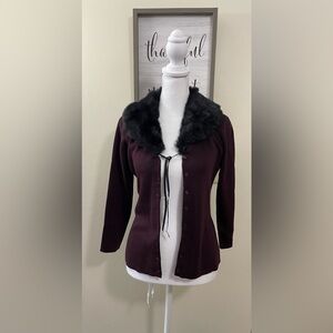 Kathy Ireland Wool Blend Cardigan With Black Faux Fur Collar Sweater Sz Small.
